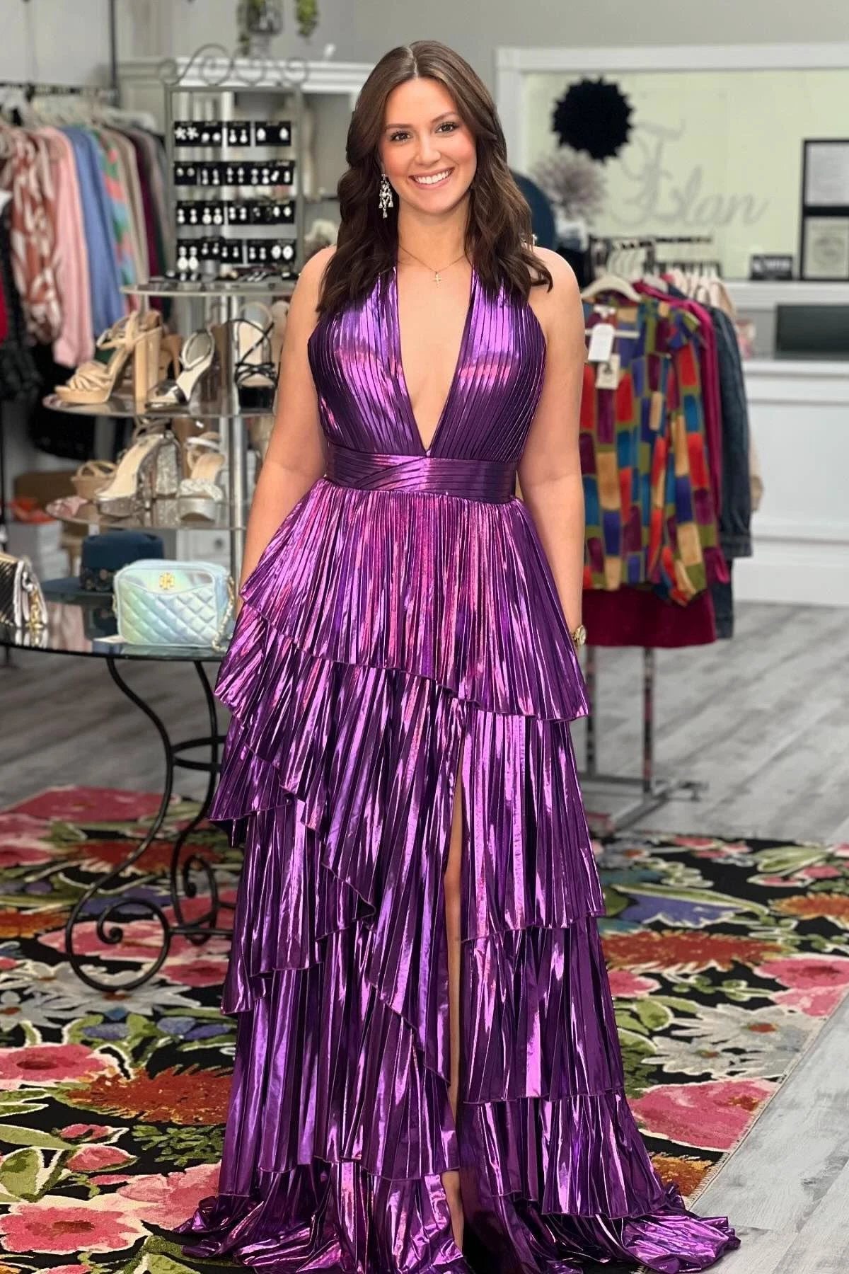 Ingemar | Purple Metallic A-Line Tiered V-Neck Sleeveless Prom Dress With Slit by KissProm