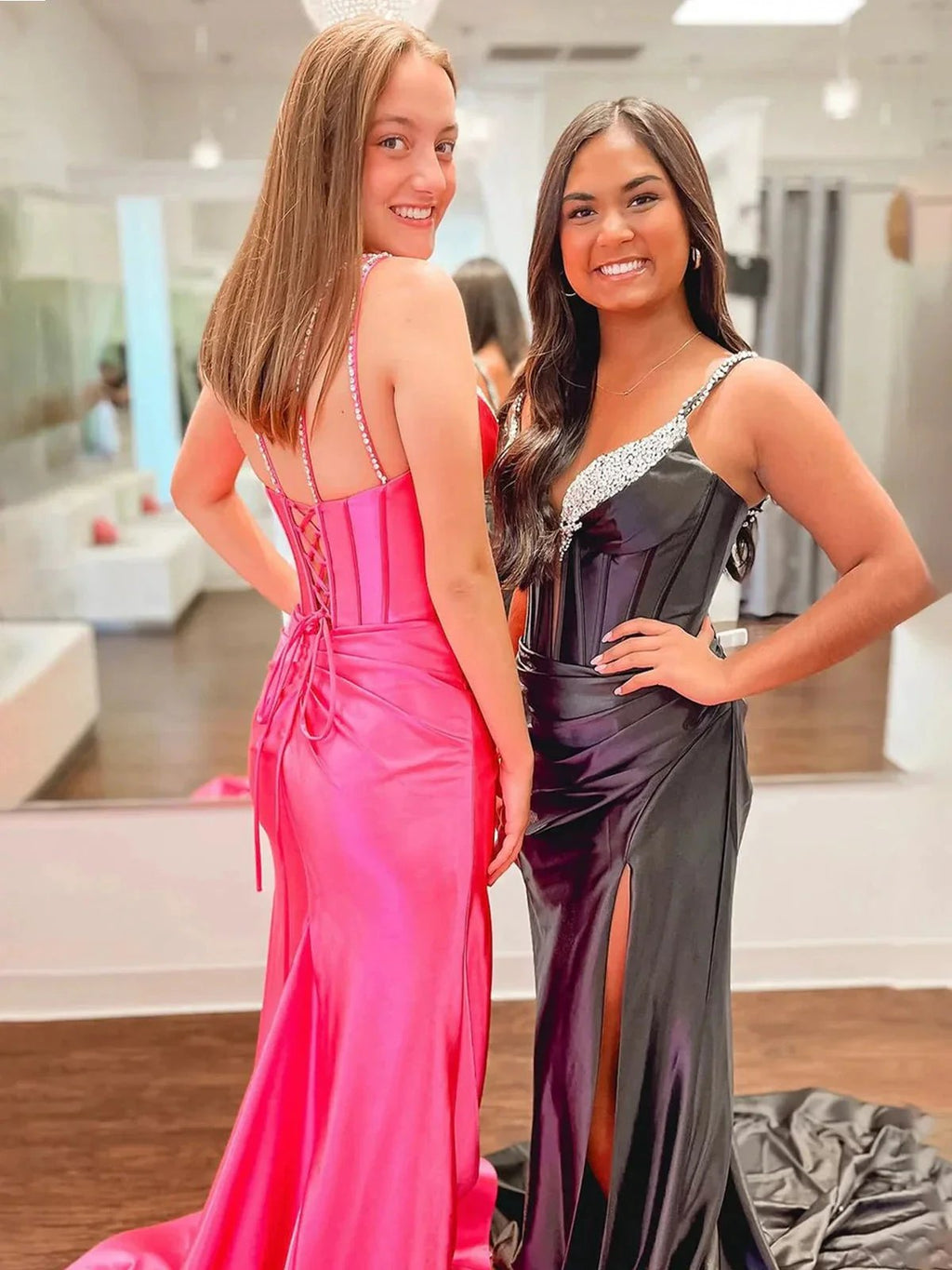 Ingris | Fuchsia Mermaid V Neck Satin Long Prom Dresses with Beading by KissProm