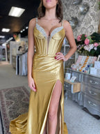 Ingris | Fuchsia Mermaid V Neck Satin Long Prom Dresses with Beading by KissProm