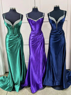 Ingris | Fuchsia Mermaid V Neck Satin Long Prom Dresses with Beading by KissProm