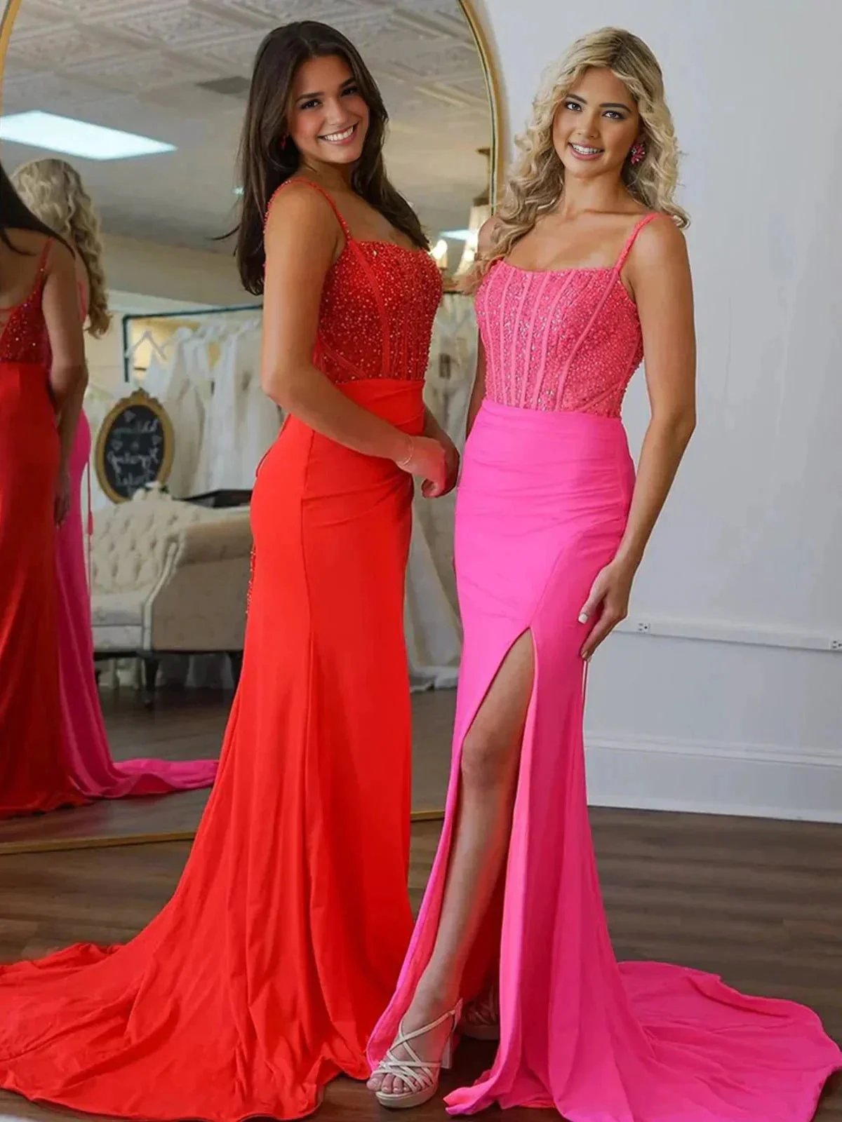 Iolanthe | Mermaid Square Neck Red Beaded Long Prom Dress with Slit by KissProm