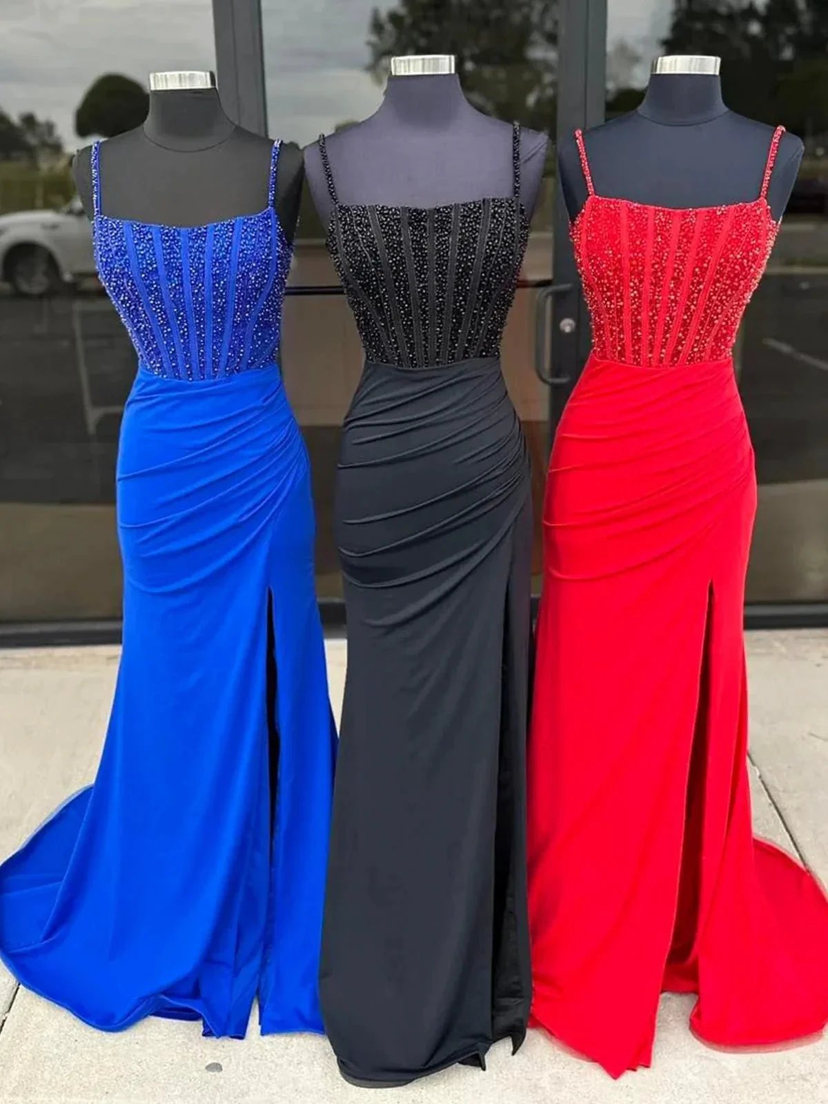 Iolanthe | Mermaid Square Neck Red Beaded Long Prom Dress with Slit by KissProm