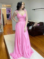 Iona | Pink Pleated Chiffon A-line Long Prom Dress by KissProm