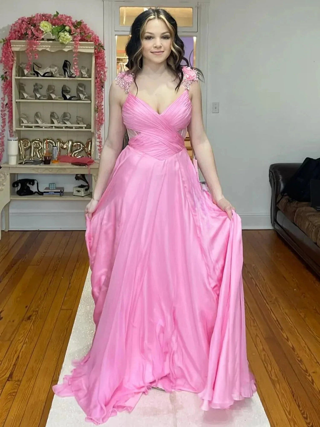 Iona | Pink Pleated Chiffon A-line Long Prom Dress by KissProm