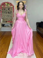 Iona | Pink Pleated Chiffon A-line Long Prom Dress by KissProm