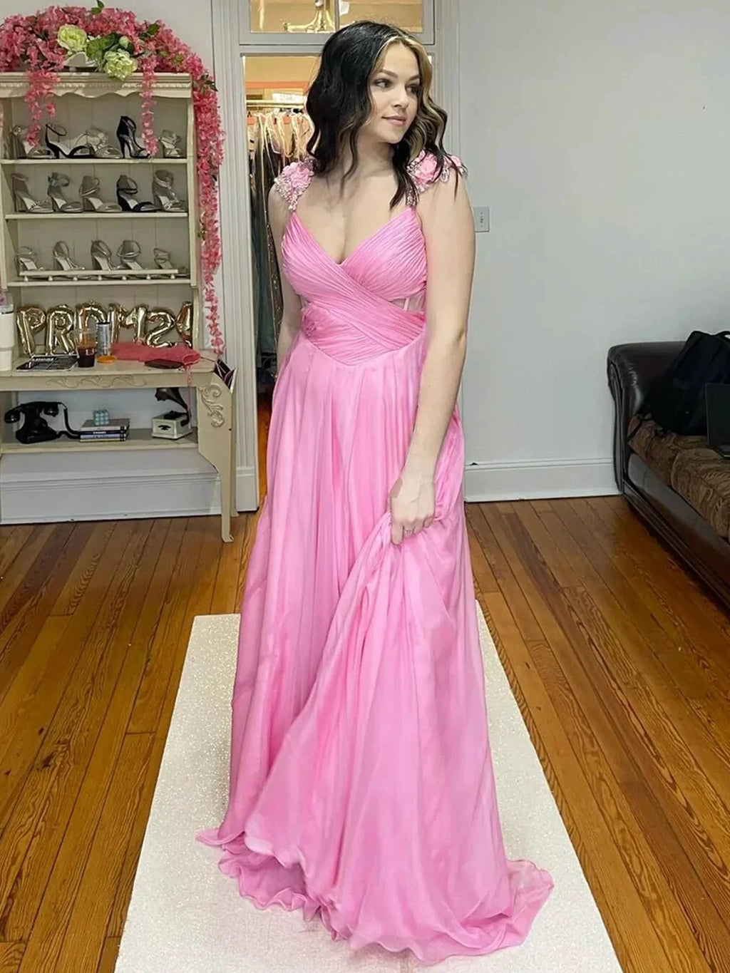 Iona | Pink Pleated Chiffon A-line Long Prom Dress by KissProm