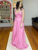 Iona | Pink Pleated Chiffon A-line Long Prom Dress by KissProm