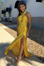 Iras | Yellow Halter Satin Mermaid Long Prom Dress With Slit by KissProm