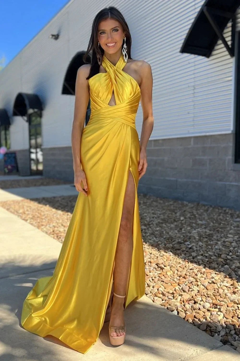 Iras | Yellow Halter Satin Mermaid Long Prom Dress With Slit by KissProm