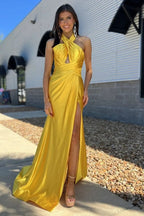 Iras | Yellow Halter Satin Mermaid Long Prom Dress With Slit by KissProm