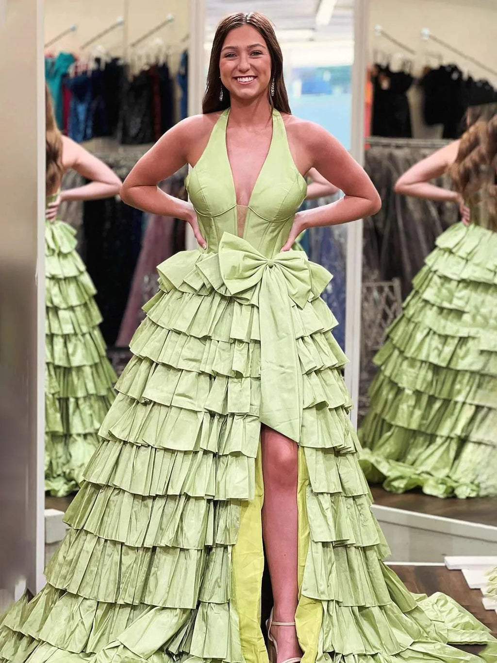 Iridium | Halter A-Line Blue Satin Long Ruffled Prom Dress With Slit by KissProm