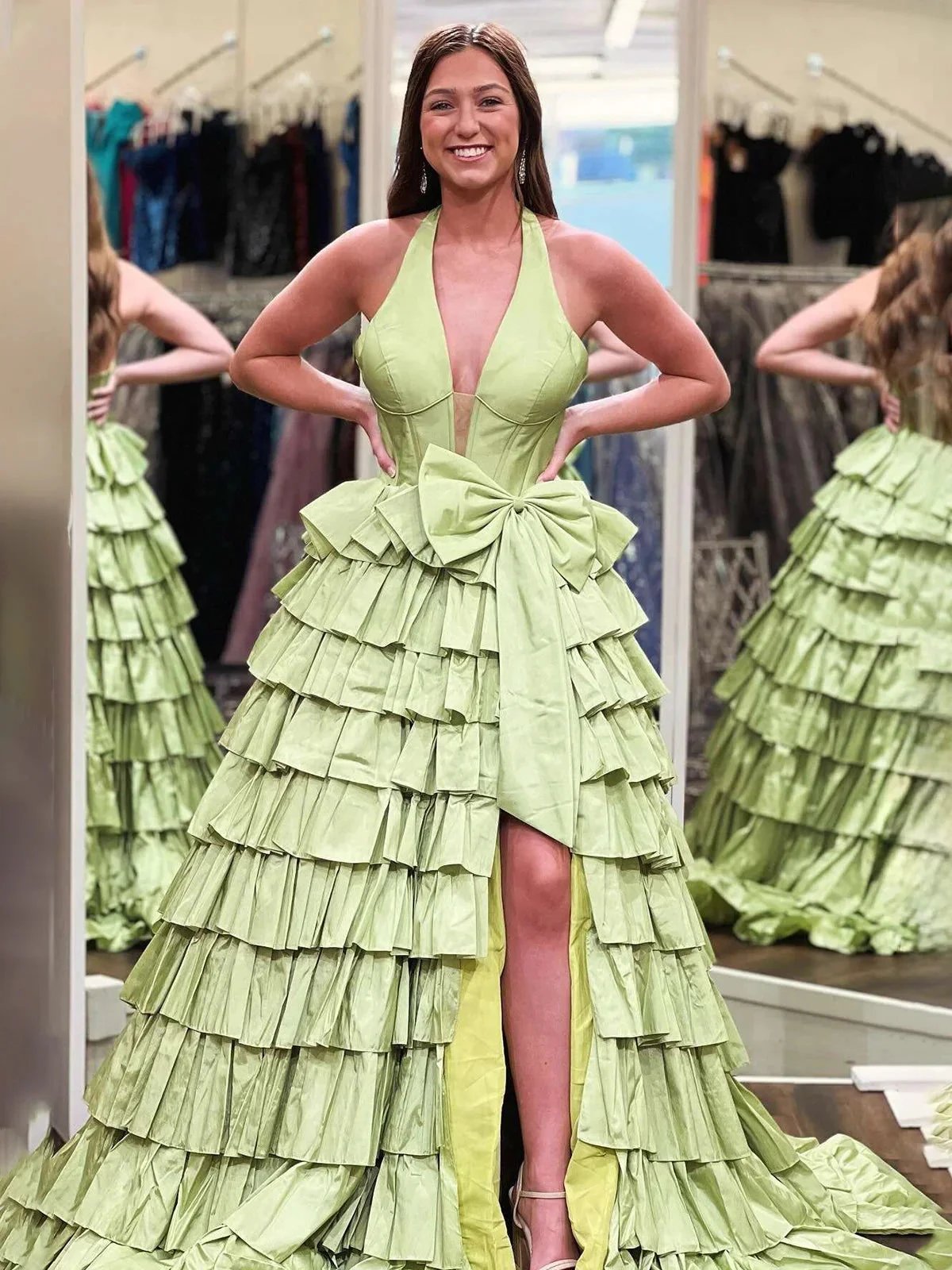 Iridium | Halter A-Line Blue Satin Long Ruffled Prom Dress With Slit by KissProm