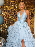 Iridium | Halter A-Line Blue Satin Long Ruffled Prom Dress With Slit by KissProm