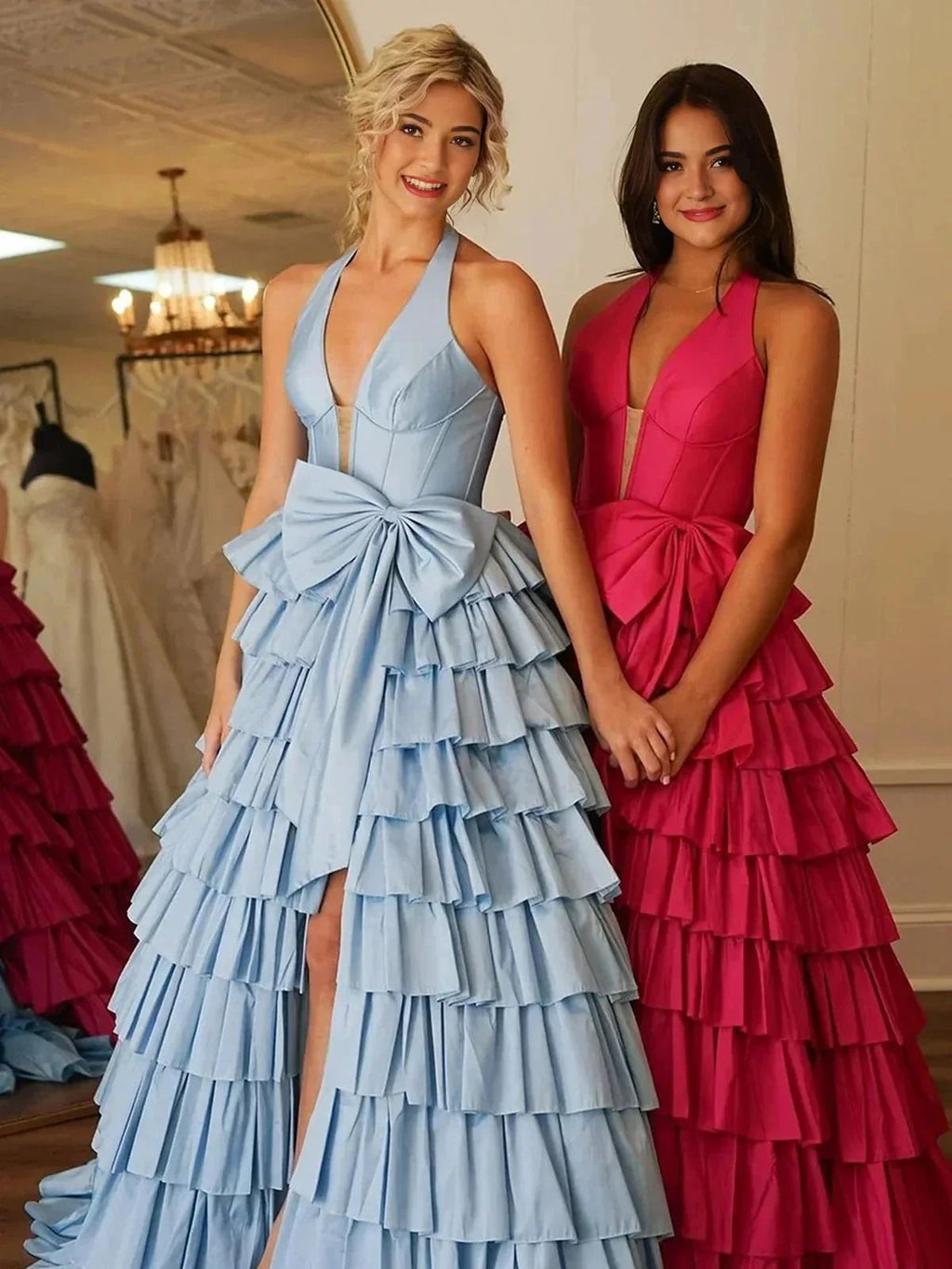 Iridium | Halter A-Line Blue Satin Long Ruffled Prom Dress With Slit by KissProm