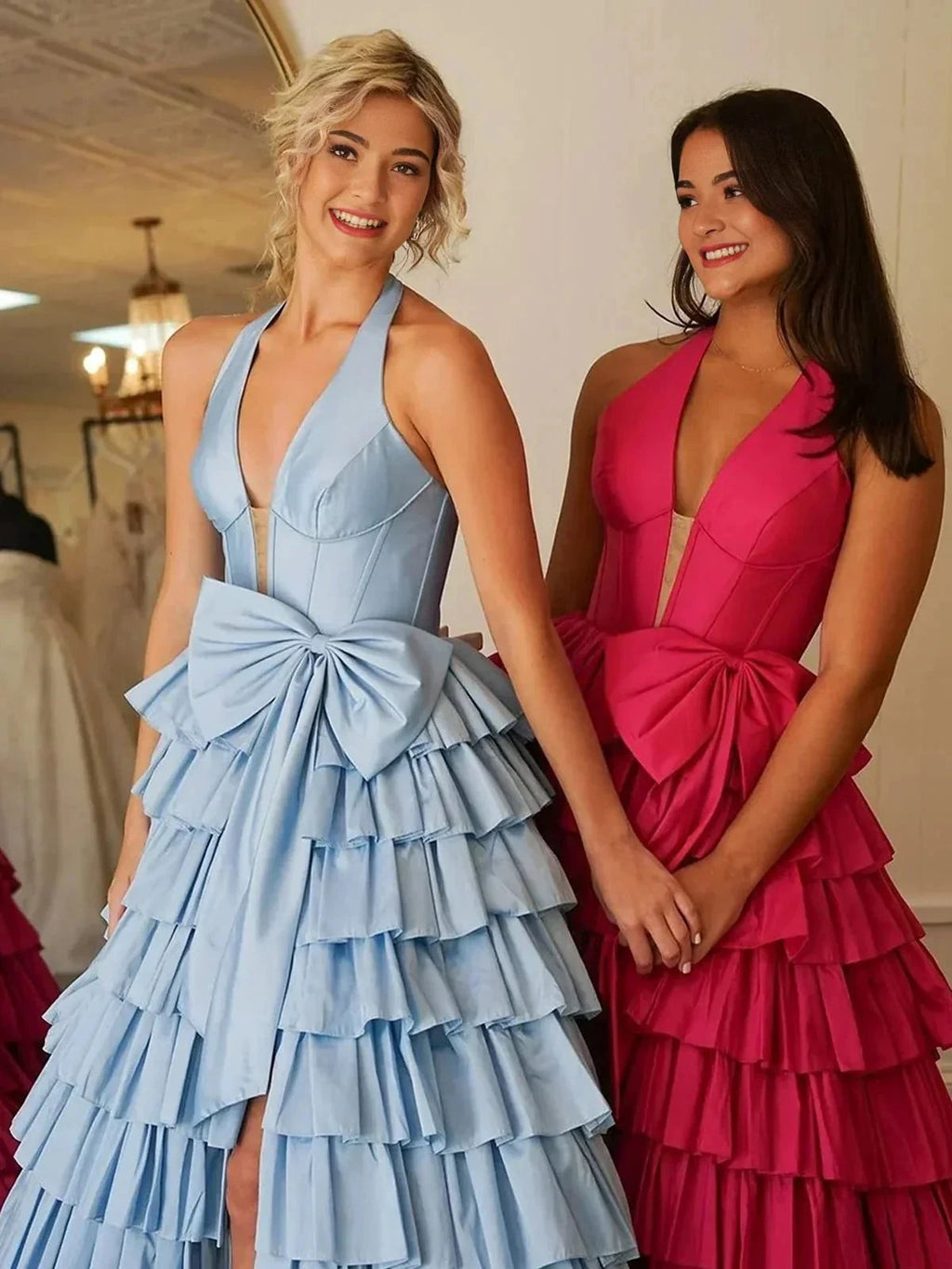 Iridium | Halter A-Line Blue Satin Long Ruffled Prom Dress With Slit by KissProm