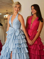 Iridium | Halter A-Line Blue Satin Long Ruffled Prom Dress With Slit by KissProm