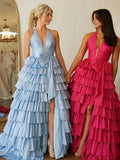Iridium | Halter A-Line Blue Satin Long Ruffled Prom Dress With Slit by KissProm