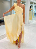 Ishmael | Light Yellow A-line One Shoulder Lace-Up Pleated Ruffle High-Low Prom Dress by KissProm