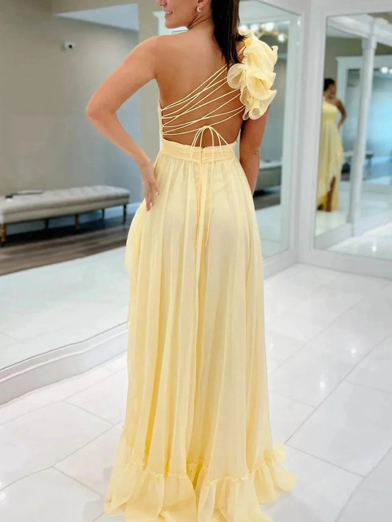 Ishmael | Light Yellow A-line One Shoulder Lace-Up Pleated Ruffle High-Low Prom Dress by KissProm