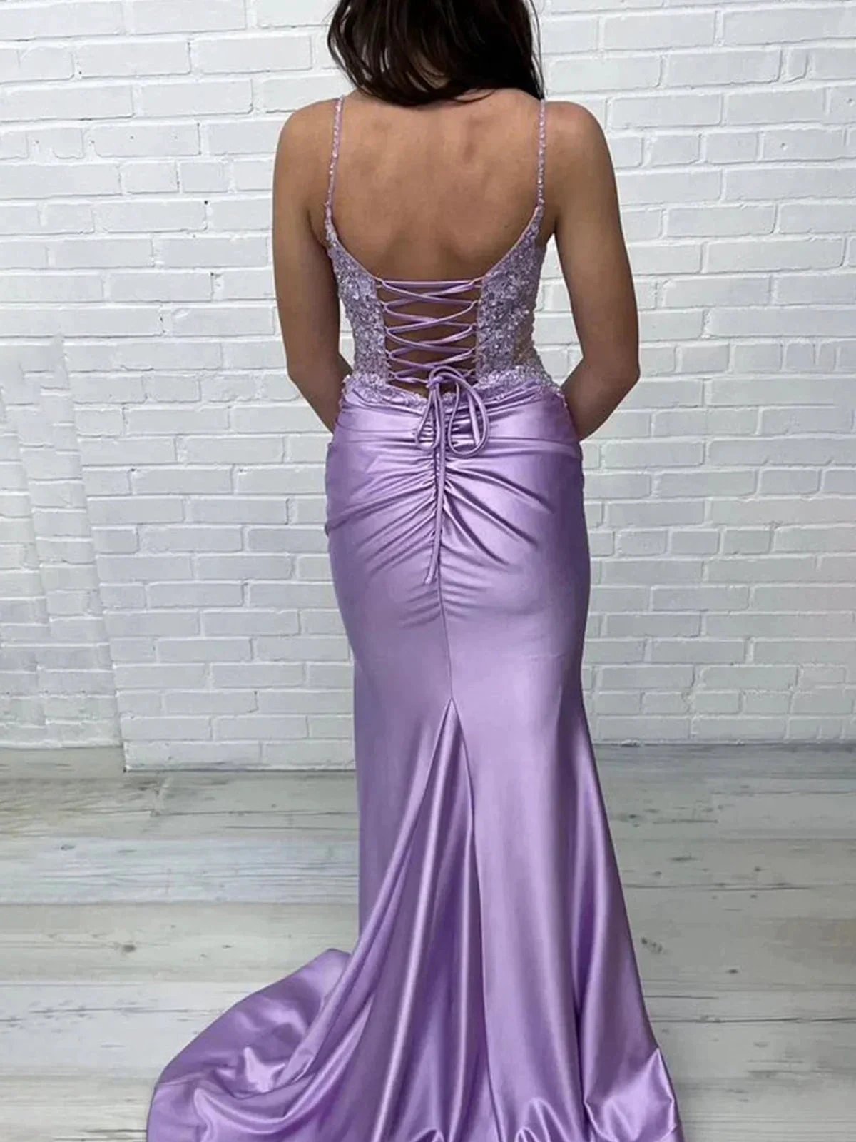 Iskander | Mermaid V Neck Lavender Satin Long Prom Dresses with Appliques by KissProm