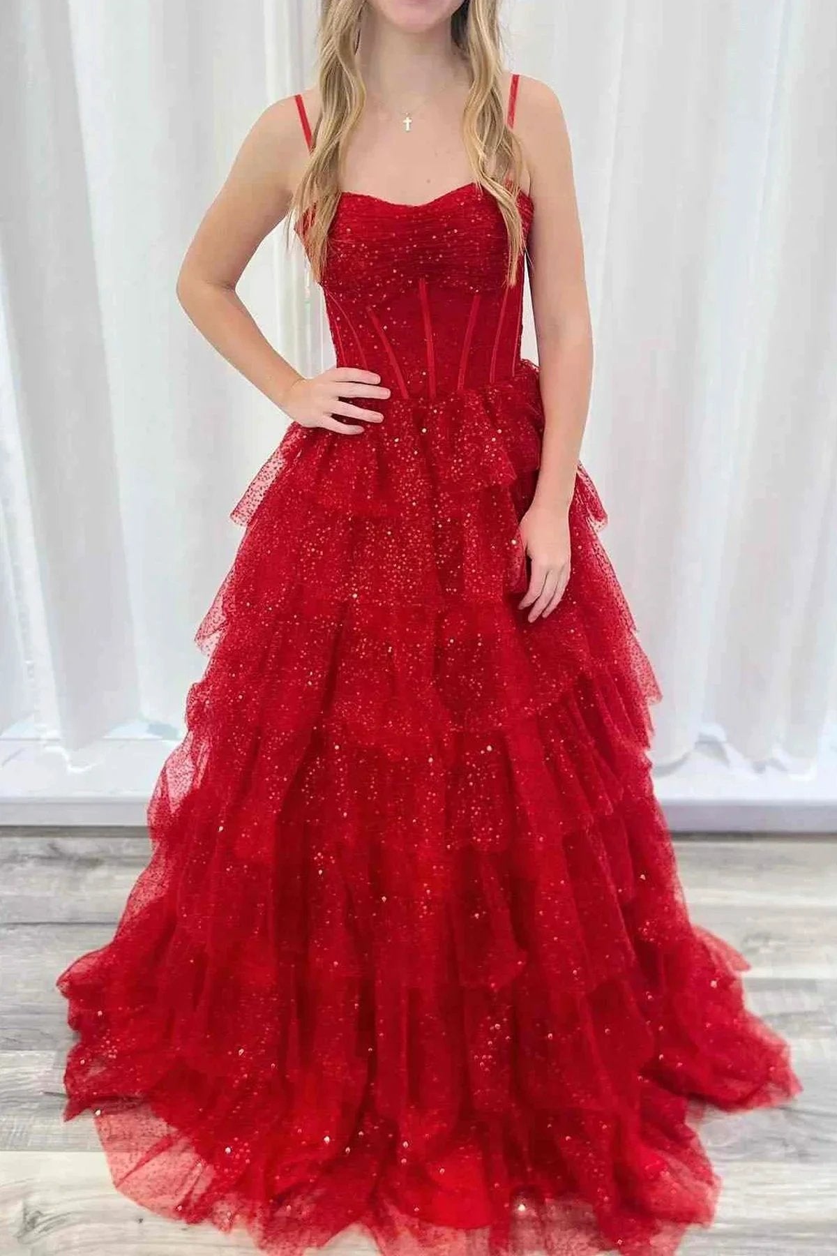 Isoline | Gorgeous Sparkle Tulle Red Spaghetti Straps Ruched Prom Dress by KissProm