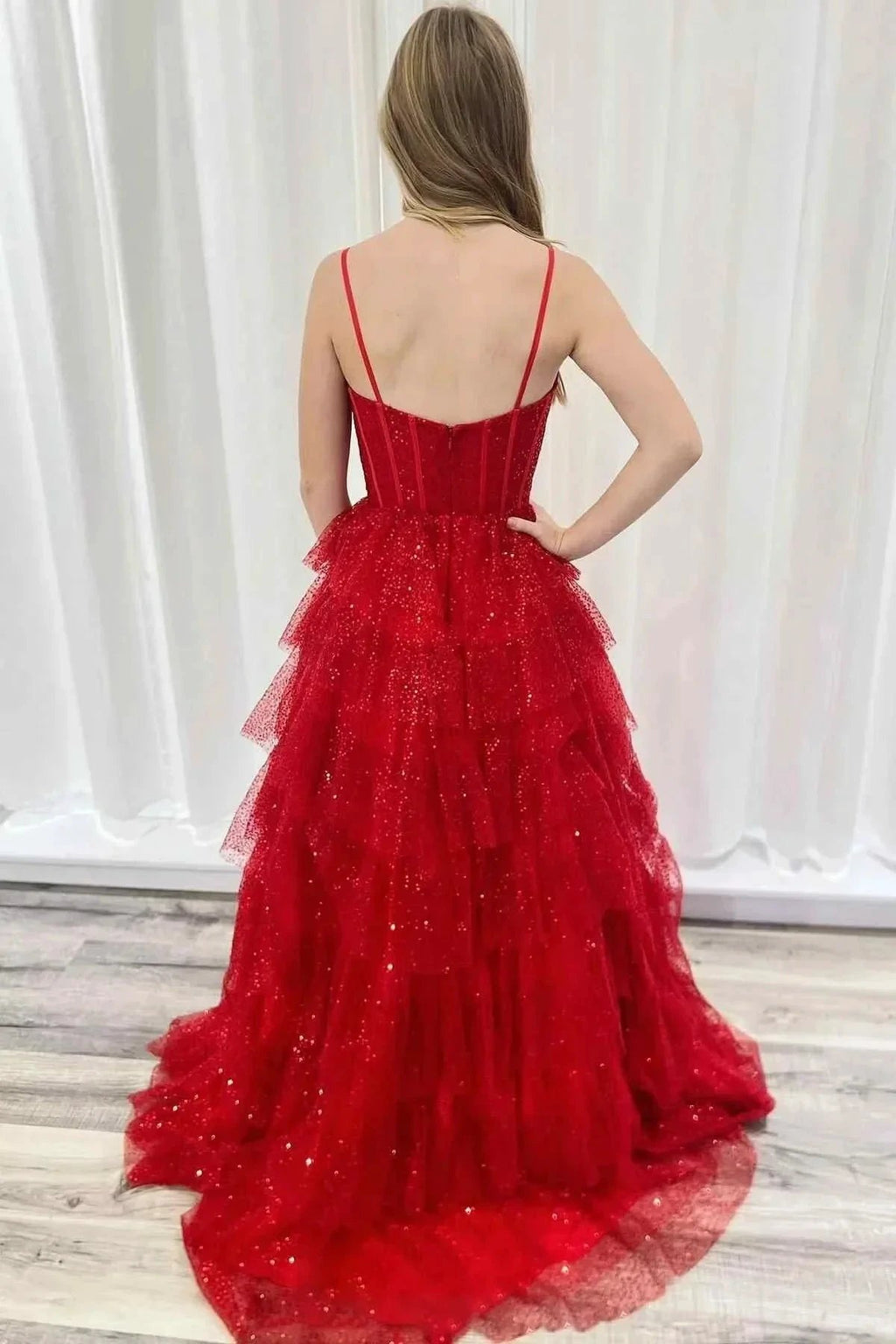 Isoline | Gorgeous Sparkle Tulle Red Spaghetti Straps Ruched Prom Dress by KissProm