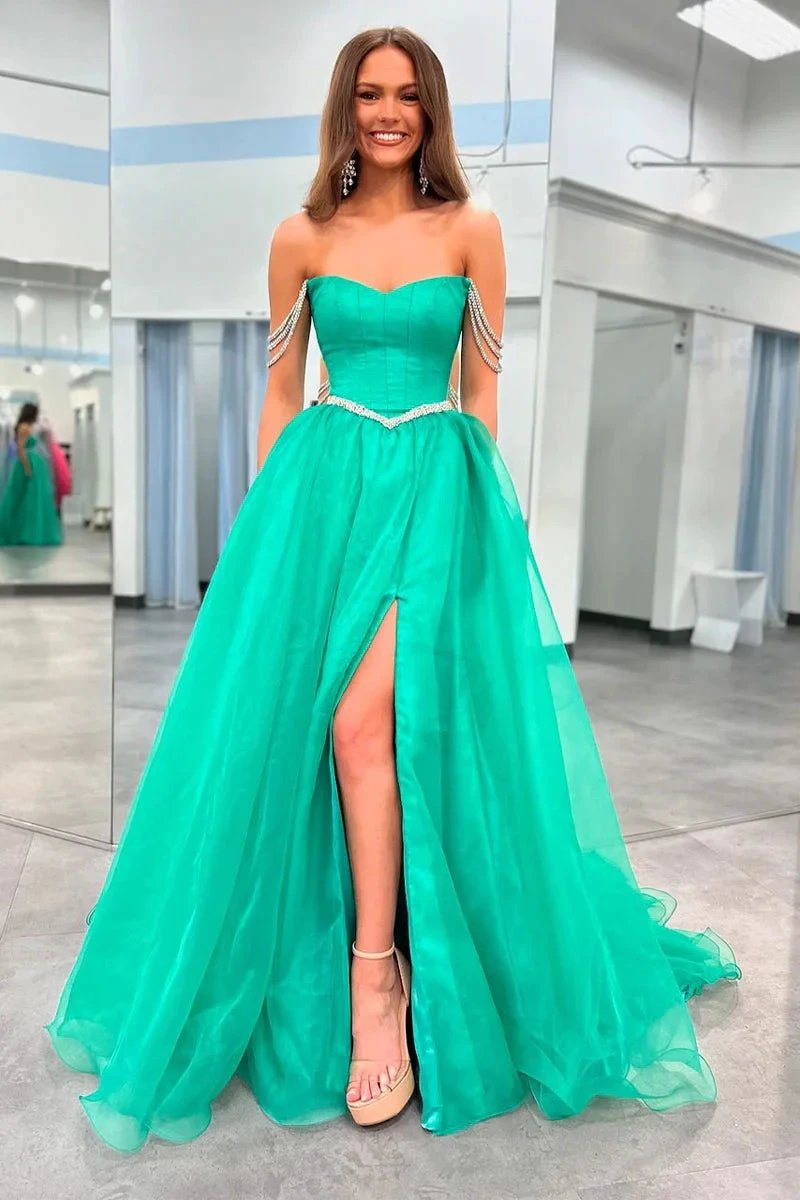 Ivayla | Ball Gown Strapless Green Tulle Beaded Long Prom Dresses with Slit by KissProm