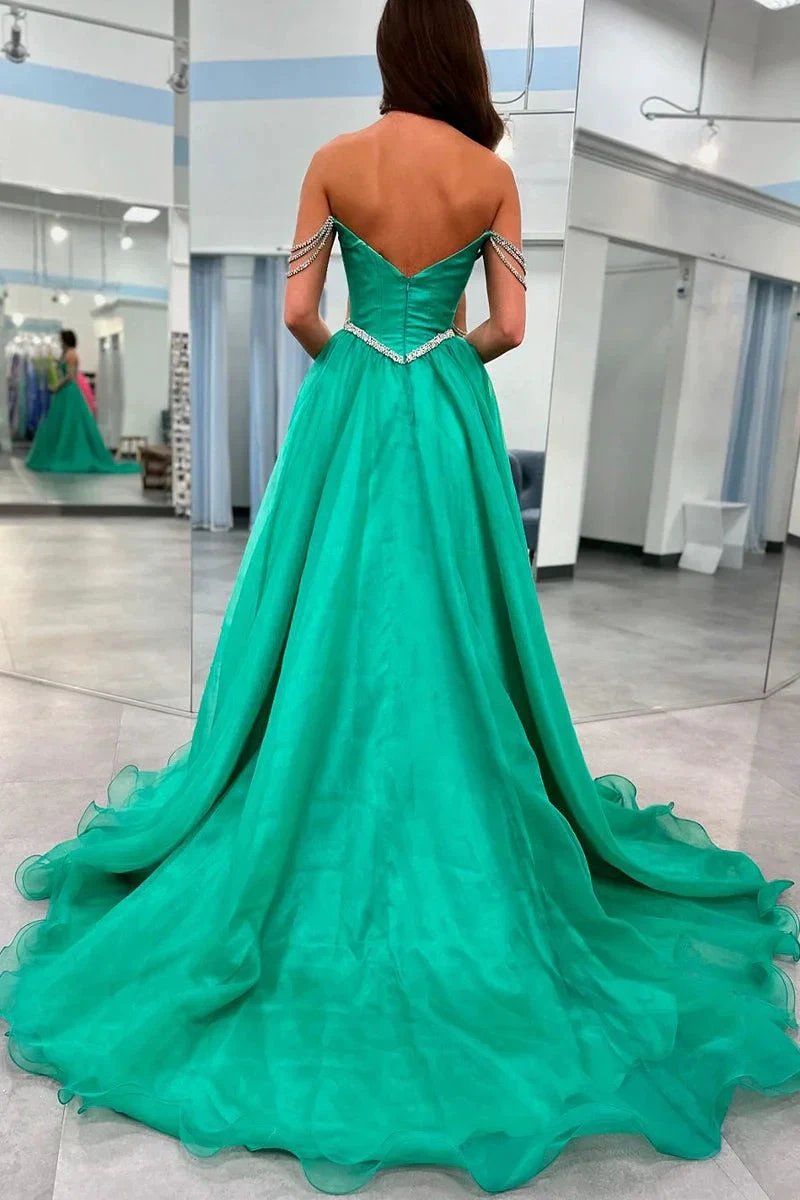 Ivayla | Ball Gown Strapless Green Tulle Beaded Long Prom Dresses with Slit by KissProm