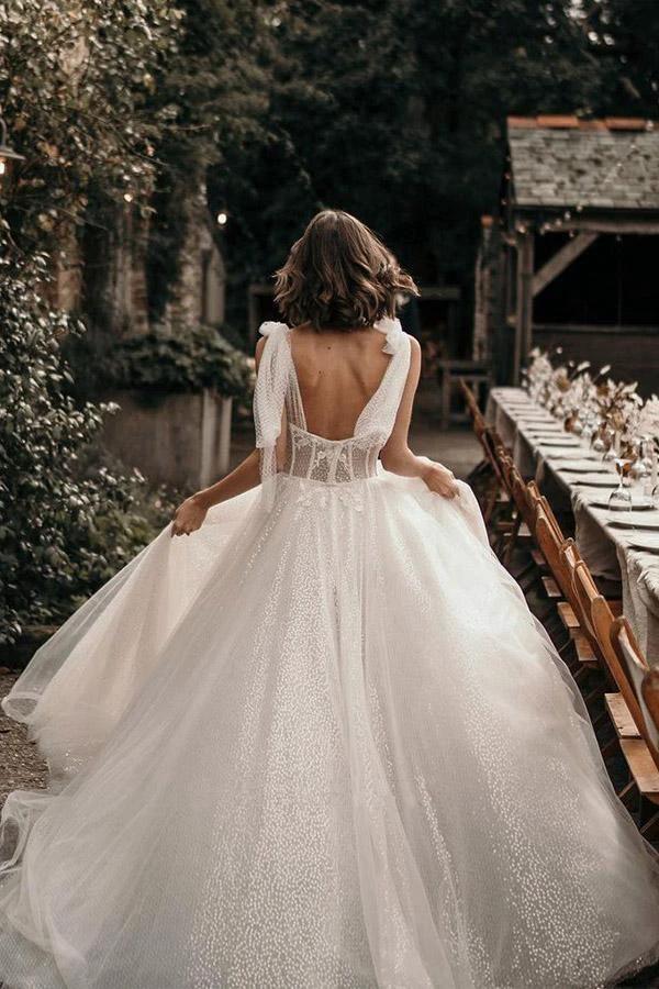 Ivory A-Line Sleeveless Sweep Train Wedding Dress With Sequins WD544 by pgmdress
