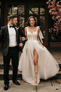 Ivory A-Line Sleeveless Sweep Train Wedding Dress With Sequins WD544 by pgmdress