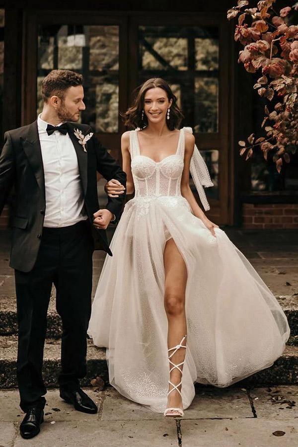 Ivory A-Line Sleeveless Sweep Train Wedding Dress With Sequins WD544 by pgmdress