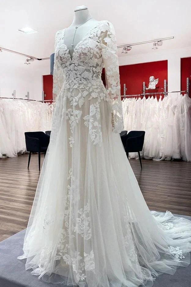 Robes de mariée ivoire en tulle, coupe trapèze, manches longues, appliques en dentelle, dos ouvert