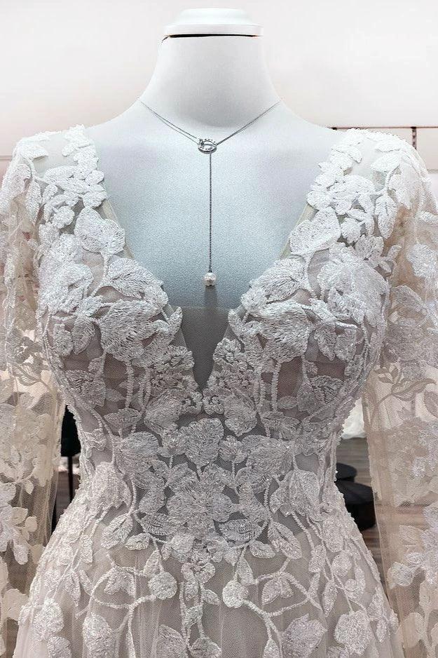 Robes de mariée ivoire en tulle, coupe trapèze, manches longues, appliques en dentelle, dos ouvert