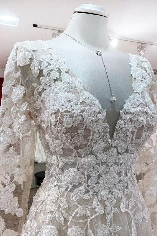 Robes de mariée ivoire en tulle, coupe trapèze, manches longues, appliques en dentelle, dos ouvert