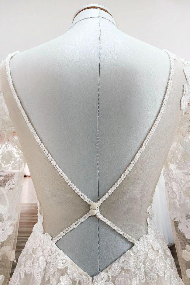 Robes de mariée ivoire en tulle, coupe trapèze, manches longues, appliques en dentelle, dos ouvert