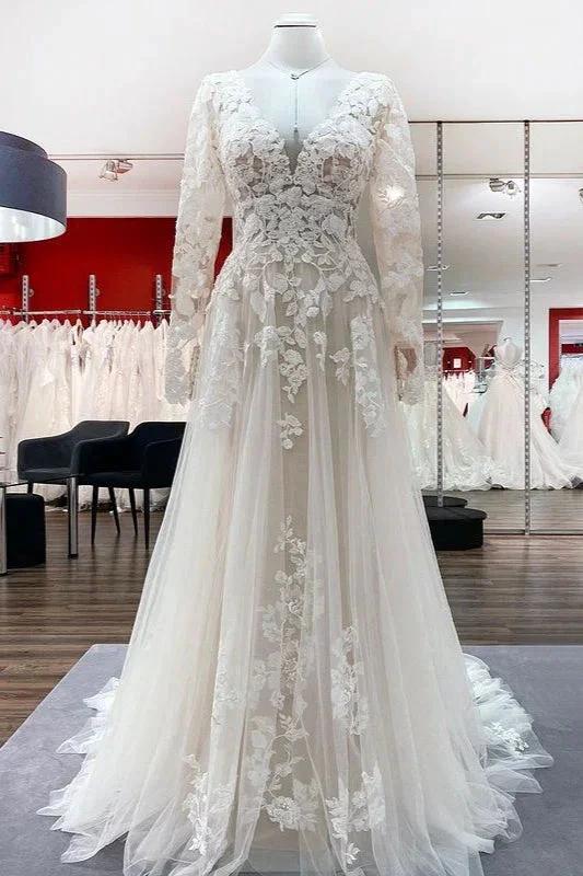 Robes de mariée ivoire en tulle, coupe trapèze, manches longues, appliques en dentelle, dos ouvert