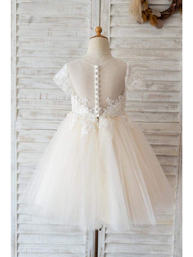 Ivory Ball Gown Tulle Jewel Neck Wedding Birthday Flower Girl Dresses - photo 2