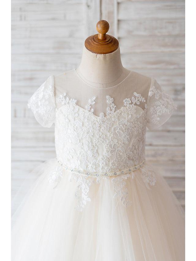 Ivory Ball Gown Tulle Jewel Neck Wedding Birthday Flower Girl Dresses - photo 3