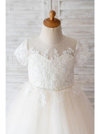 Ivory Ball Gown Tulle Jewel Neck Wedding Birthday Flower Girl Dresses - photo 3
