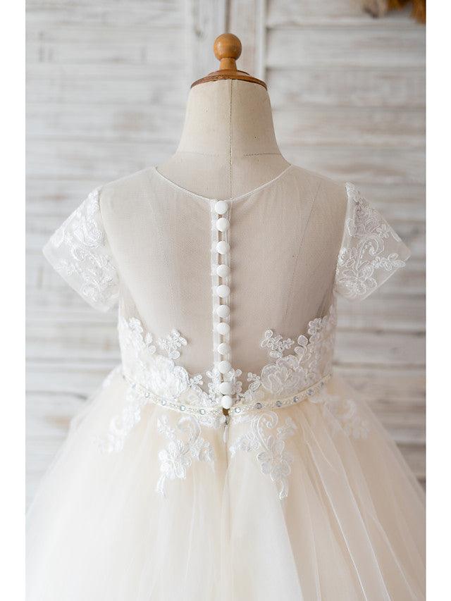 Ivory Ball Gown Tulle Jewel Neck Wedding Birthday Flower Girl Dresses - photo 4