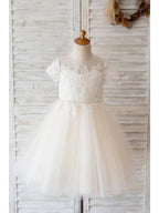 Ivory Ball Gown Tulle Jewel Neck Wedding Birthday Flower Girl Dresses - photo 1