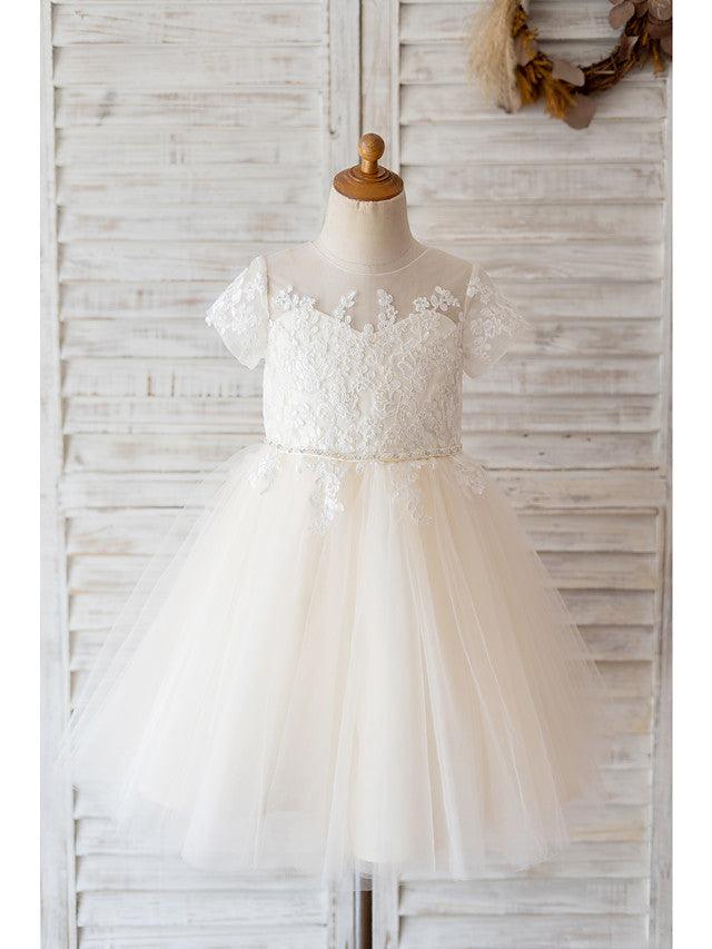 Ivory Ball Gown Tulle Jewel Neck Wedding Birthday Flower Girl Dresses - photo 1