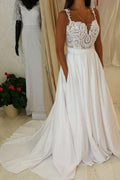 Ivory Beach Long A-line Sweetheart Chiffon Wedding Dress with Pockets by BIZTUNNEL