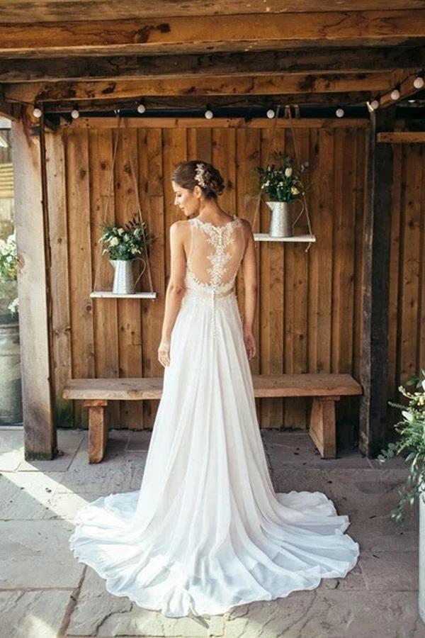 Ivory Beach Wedding Dress Lace Boho Bridal Gown With Train WD533 by pgmdress