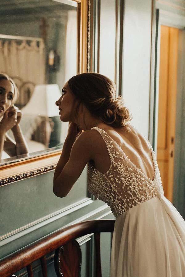 Ivory Beach Wedding Dresses See Through Pearl Beaded Wedding Dress WD293 by pgmdress