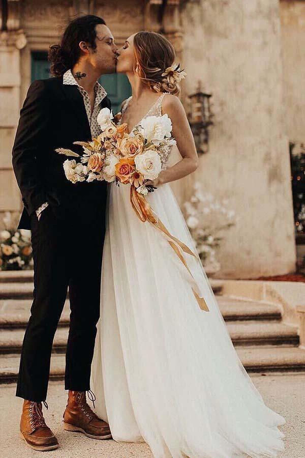 Ivory Beach Wedding Dresses See Through Pearl Beaded Wedding Dress WD293 by pgmdress