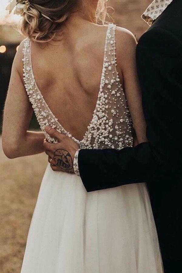 Ivory Beach Wedding Dresses See Through Pearl Beaded Wedding Dress WD293 by pgmdress