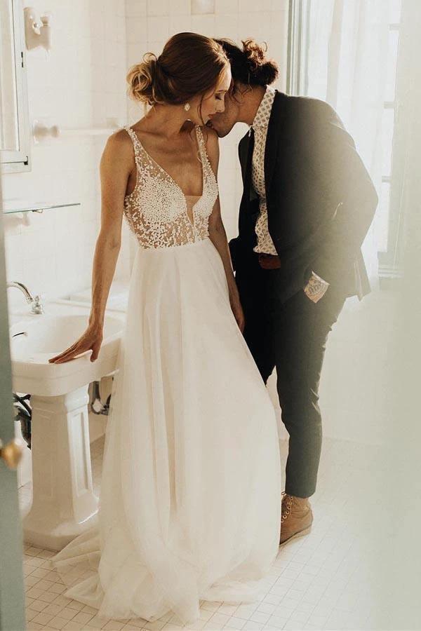 Ivory Beach Wedding Dresses See Through Pearl Beaded Wedding Dress WD293 by pgmdress