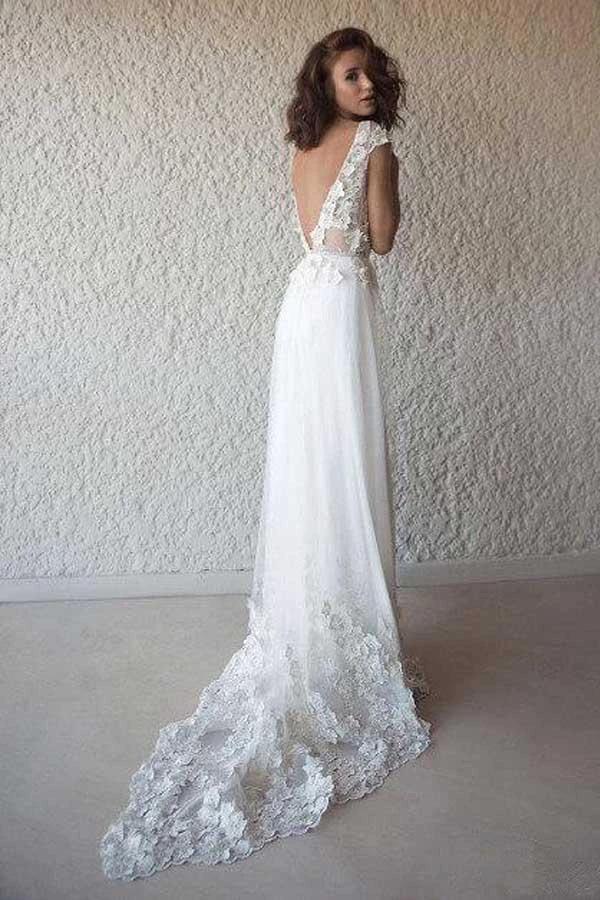 Ivory Cap Sleeve See Through Wedding Dresses Beach Bridal Dress WD332 by pgmdress