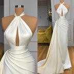 Ivory Halter Long Evening Prom Dress With Split Detachable Train by misshow.com